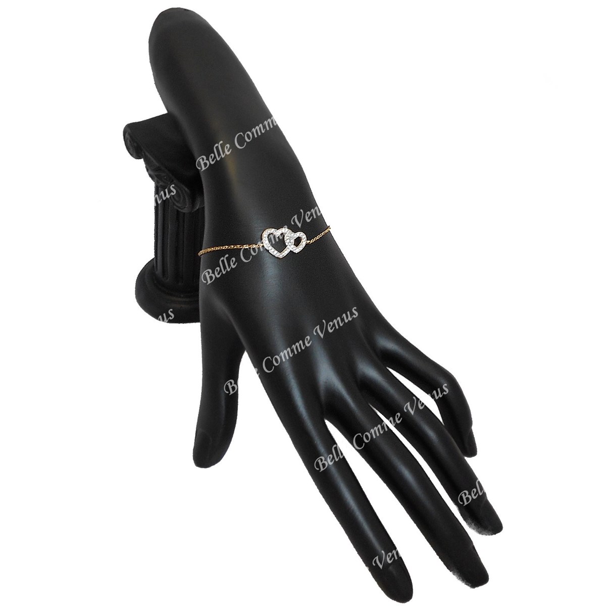 Bracelet 2 coeurs sertis d'oxyde de zirconium Plaqué OR 750 3 microns 2 tons