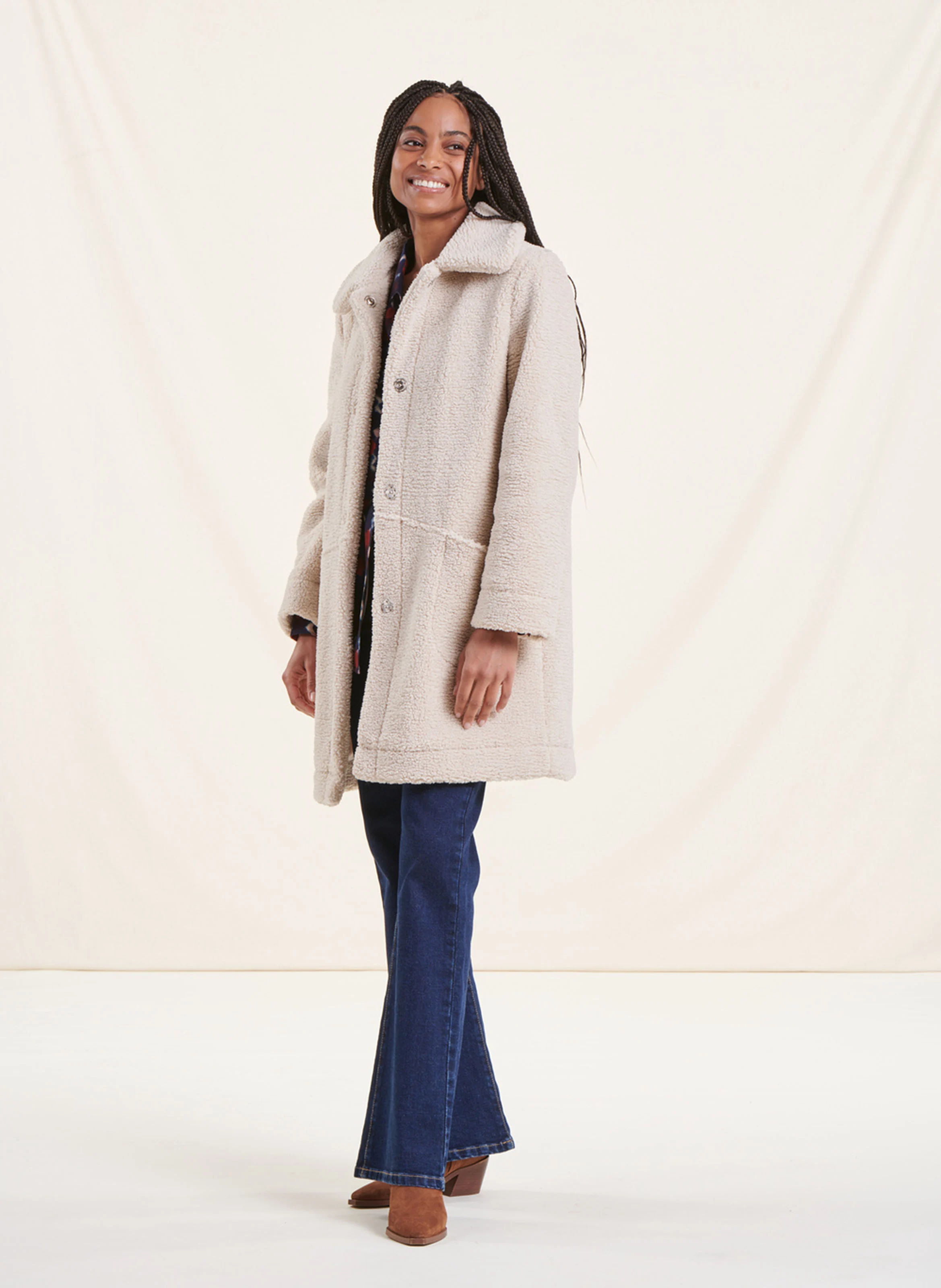 Manteau droit col classique en sherpa | Blanc