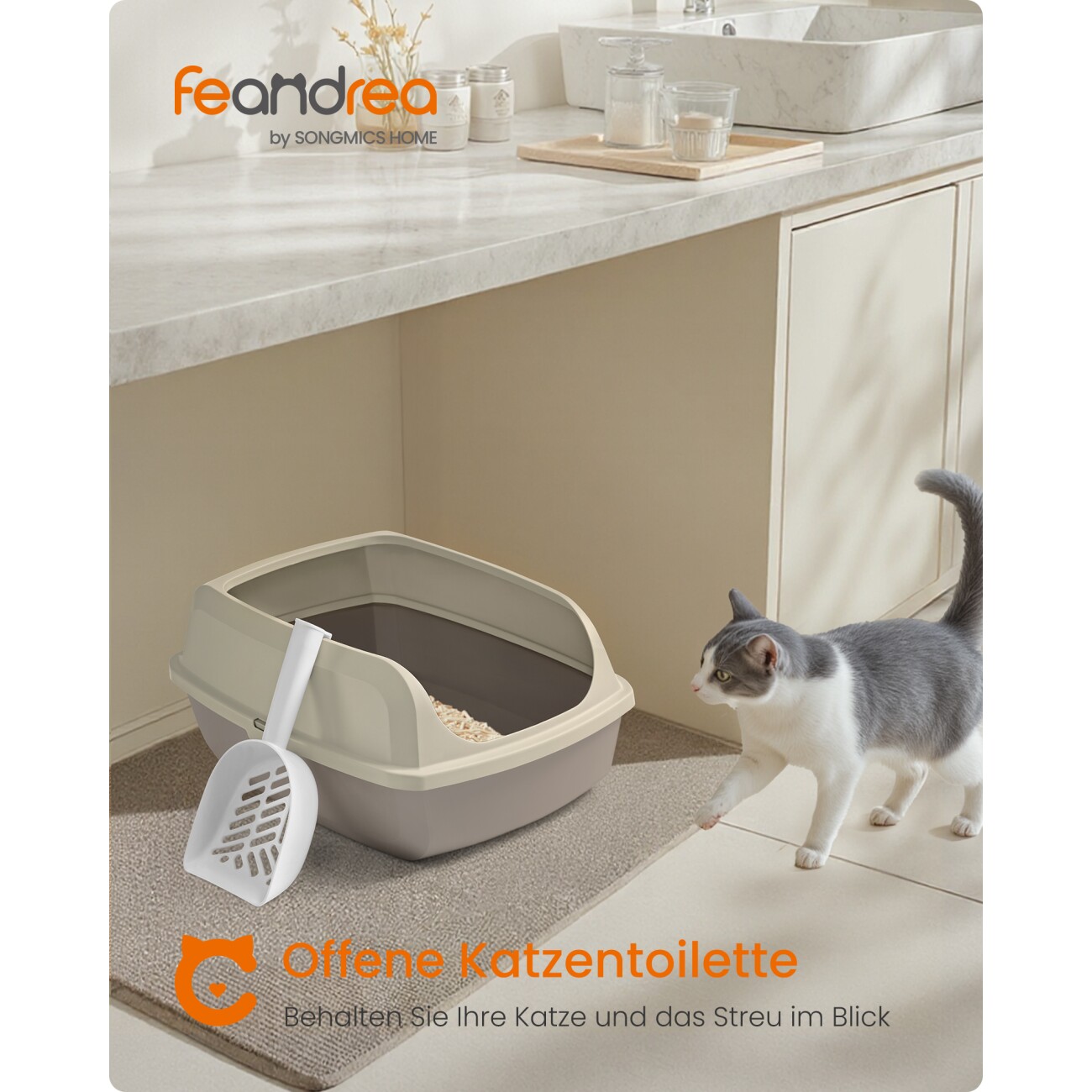 FEANDREA Katzenklo mit hohen Seitenwänden, offene Katzentoilette, mit Schaufel