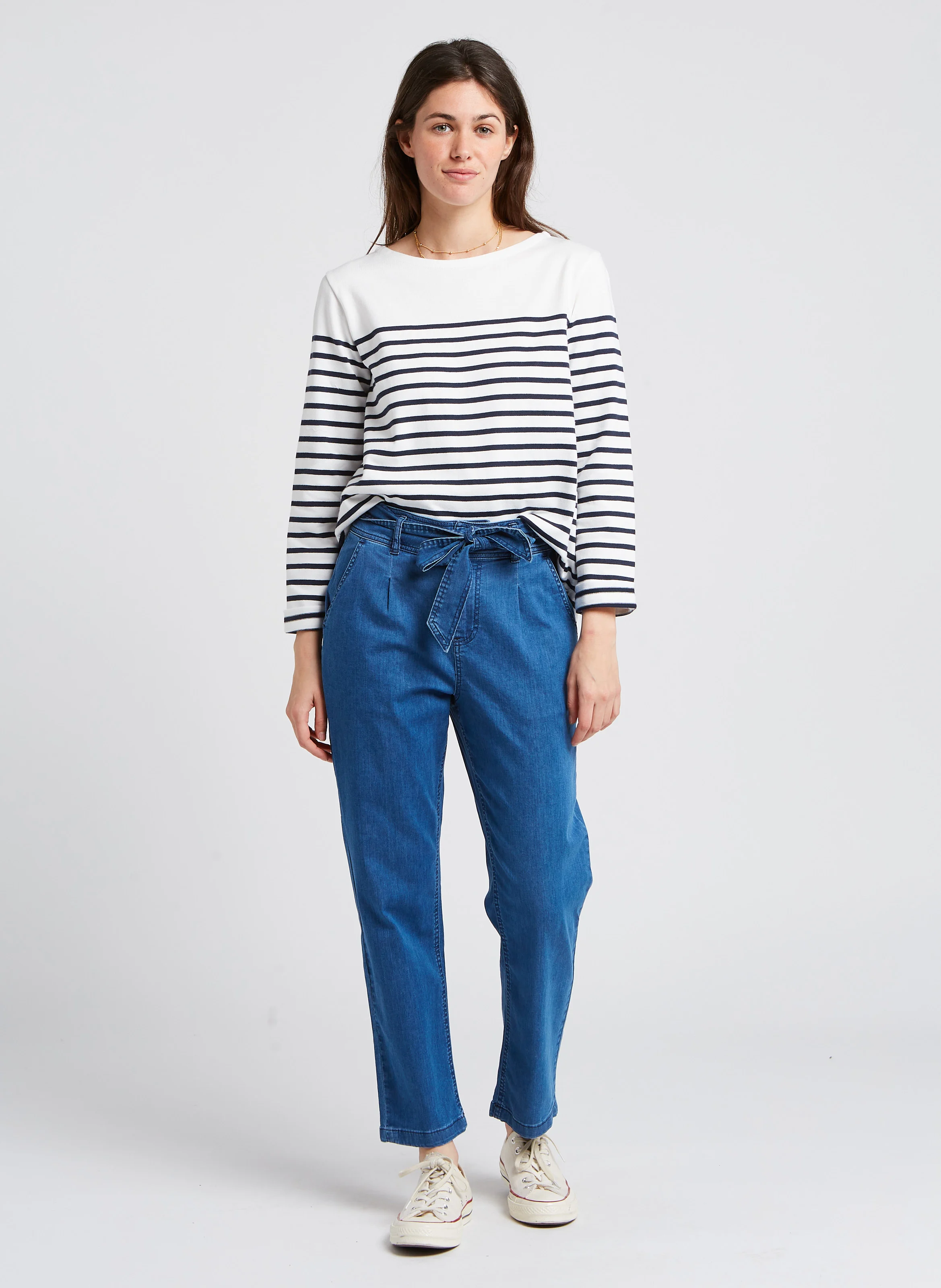 Tee-shirt col bateau marinière en coton | Blanc