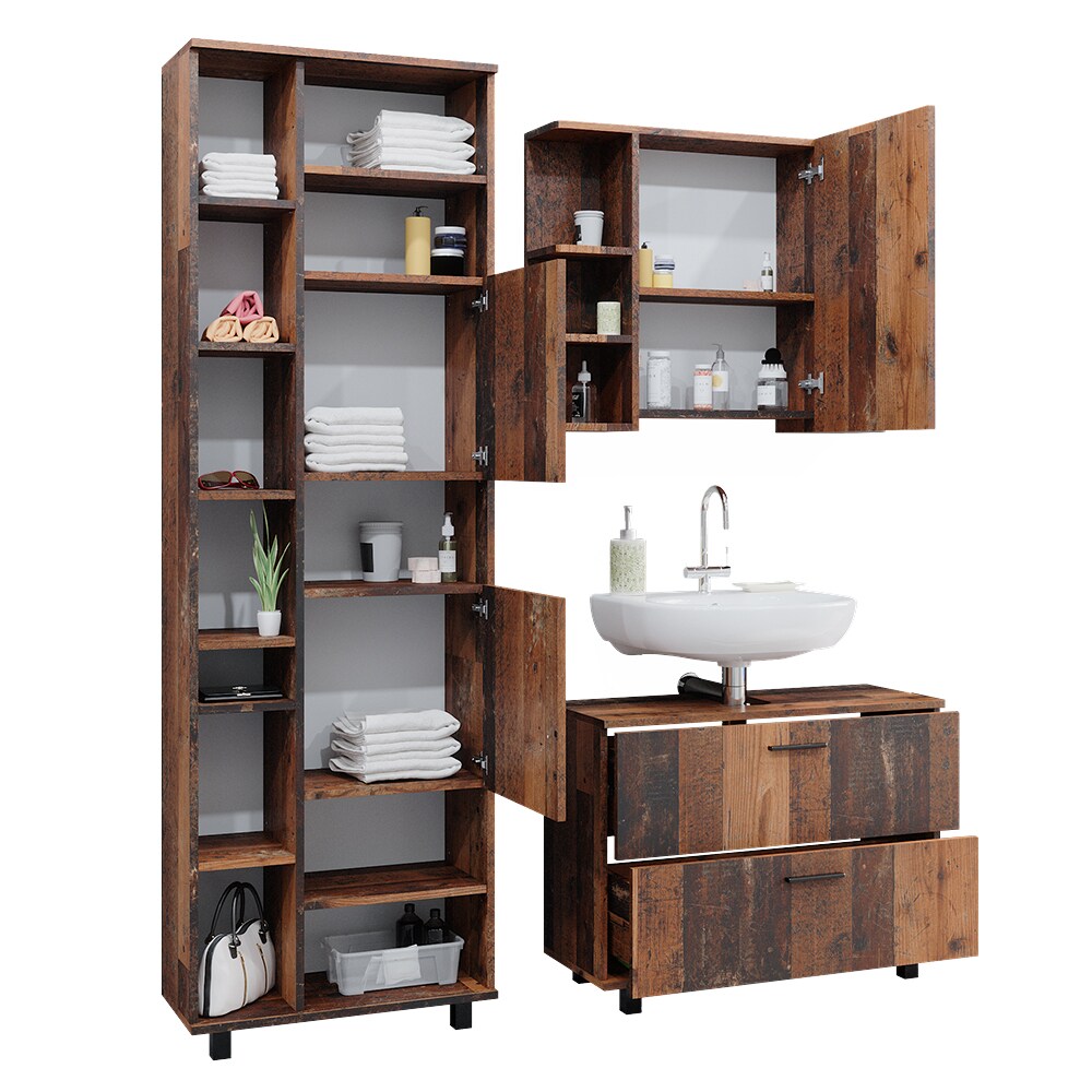 Vicco Badmöbelset Ilias Old Style modern Badezimmerschrank Badschrank Badezimmermöbel Waschtischunterschrank Waschbeckenunterschrank Spiegelschrank Hochschrank Schranktür Schrankfach Schrankschublade