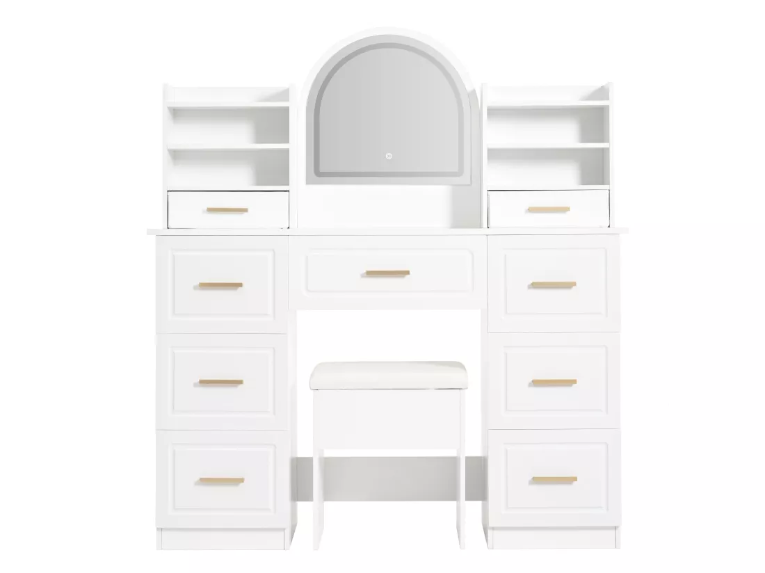 Coiffeuse avec 9 tiroirs, miroir et tabouret - 120 x 40 x 135 cm - LEDs - Panneau de particules - Blanc