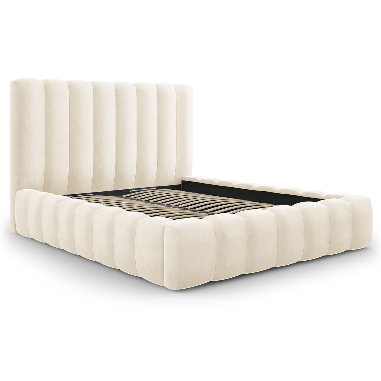 Milo Casa Lit Coffre en Velours avec Tête de Lit Gina beige clair - 140x200 cm