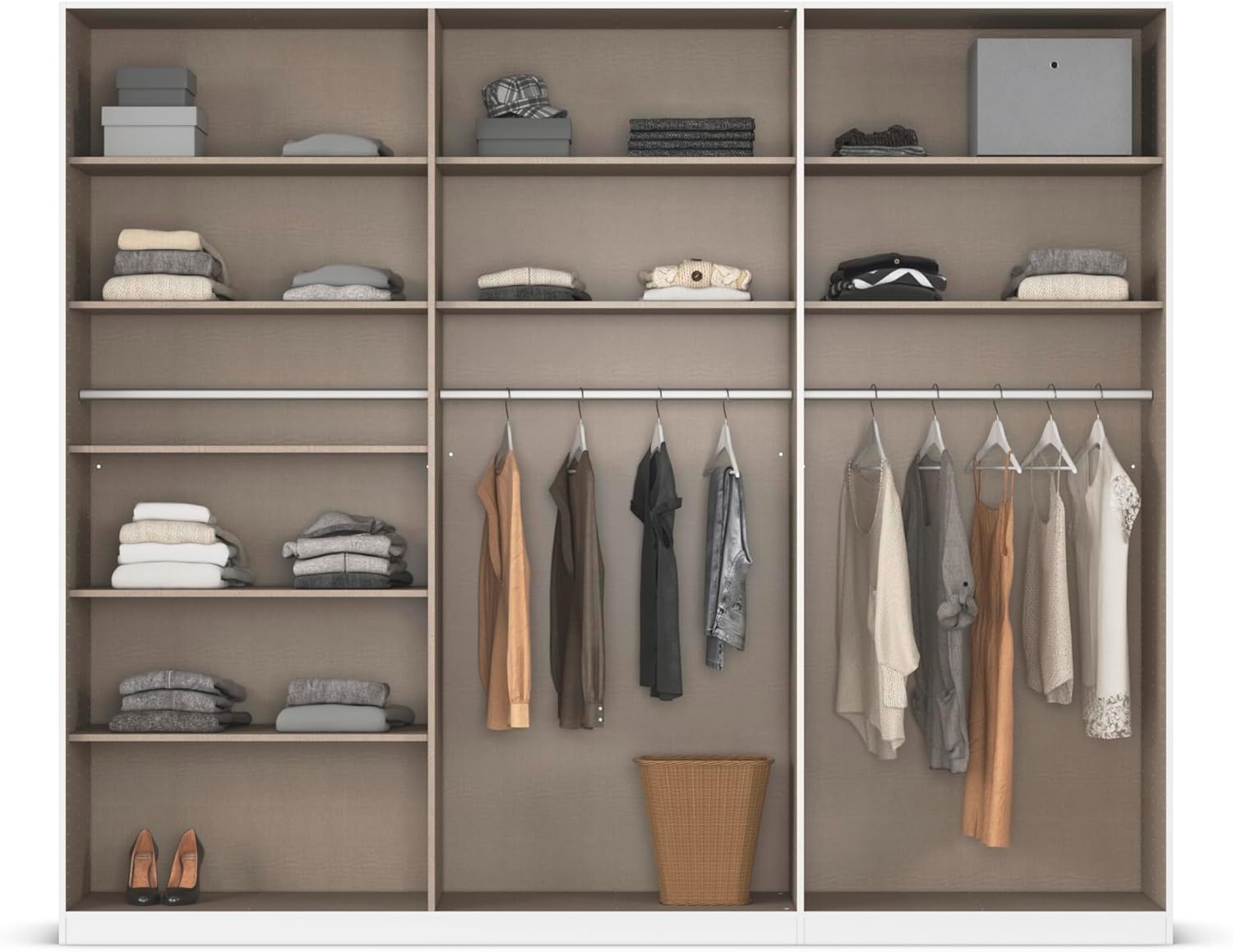 Rauch Möbel Alabama, Kleiderschrank, Garderobenschrank, 6-türig, Spiegel, Zubehör Classic, 3 Kleiderstangen, 9 Einlegeböden, Farbe Weiß, Griff Grau metallic, 271x229x54cm
