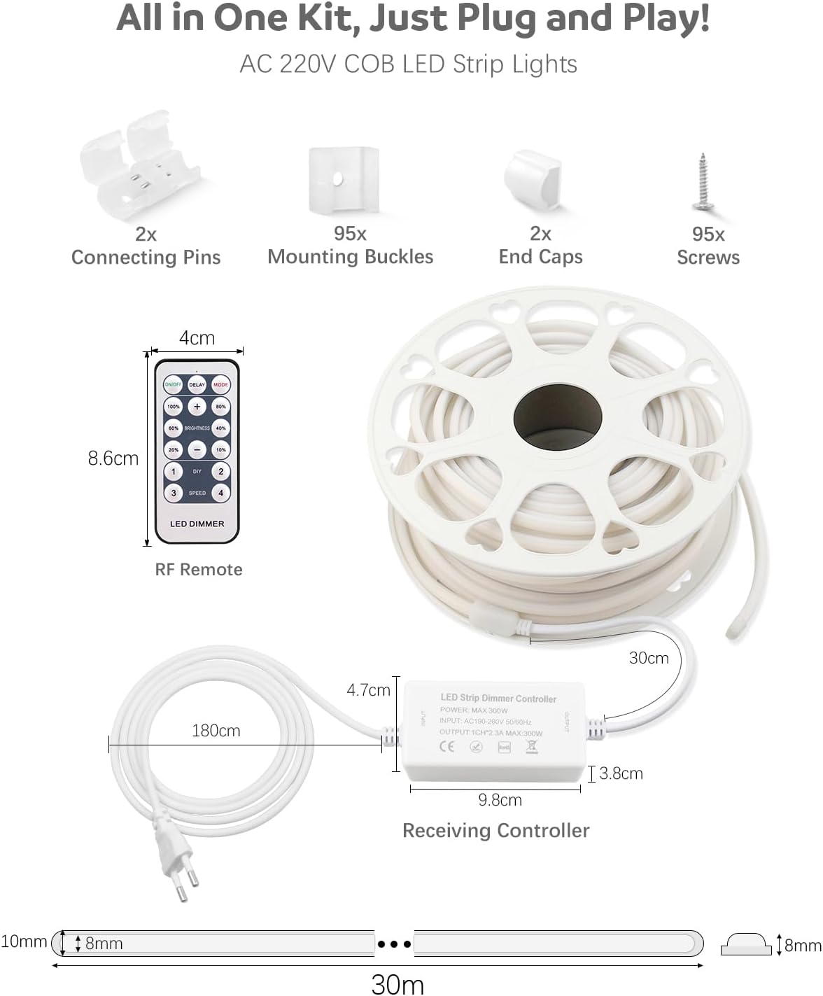 ALITOVE COB LED Streifen 230V Dimmbar Warmweiss 3000K 30M LED Band Wasserdicht 288LEDs/M mit Fernbedienung für Decke Garten Terrasse Pool und Heimdekoration Beleuchtung