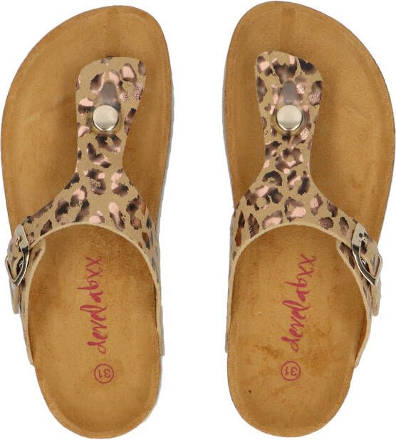 Develab 48202 leren teenslippers met panterprint beige goud