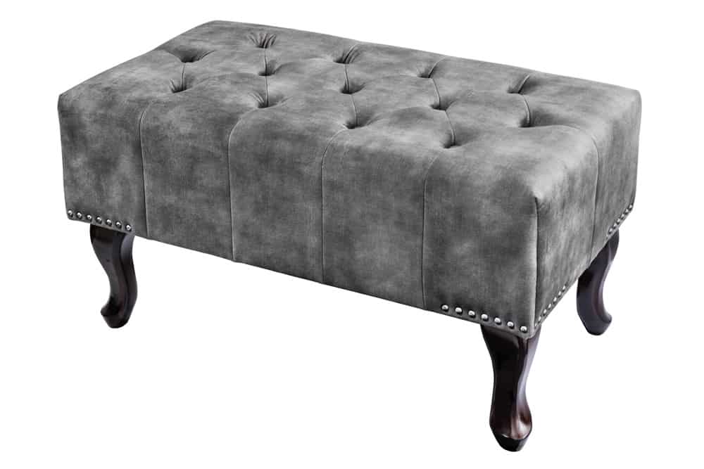 Design Sitzhocker CHESTERFIELD 80cm grau Samt Knopfheftung Nietenbesatz