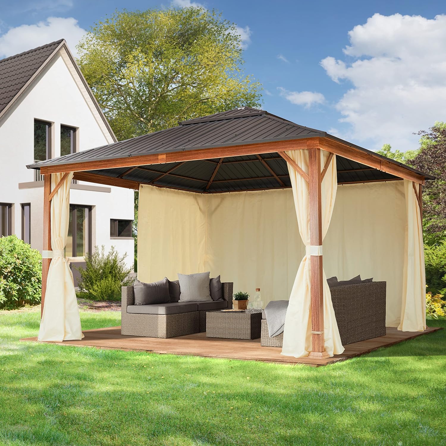 TOOLPORT Gartenpavillon 4x4 m Holzoptik, Stahldach Hardtop 4 Seitenteile in Champagner