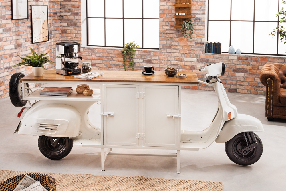Extravaganter Barschrank SCOOTER 250cm weiß Retro-Konsole Motorroller mit Mangoholz Upcycling