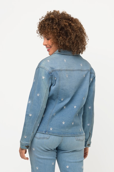 Jeansjacke, Oversized, Blütenstickerei, Hemdkragen