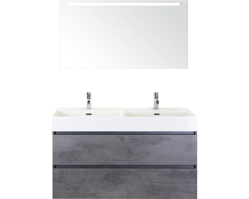 Sanox Maxx XL dubbel badkamermeubel (B x H x D 121 x 183 x 45,5 cm), frontkleur beton antraciet, met keramische wastafel in wit en keramische dubbele wastafel, badmeubel, spiegel met LED-verlichting, 81736541