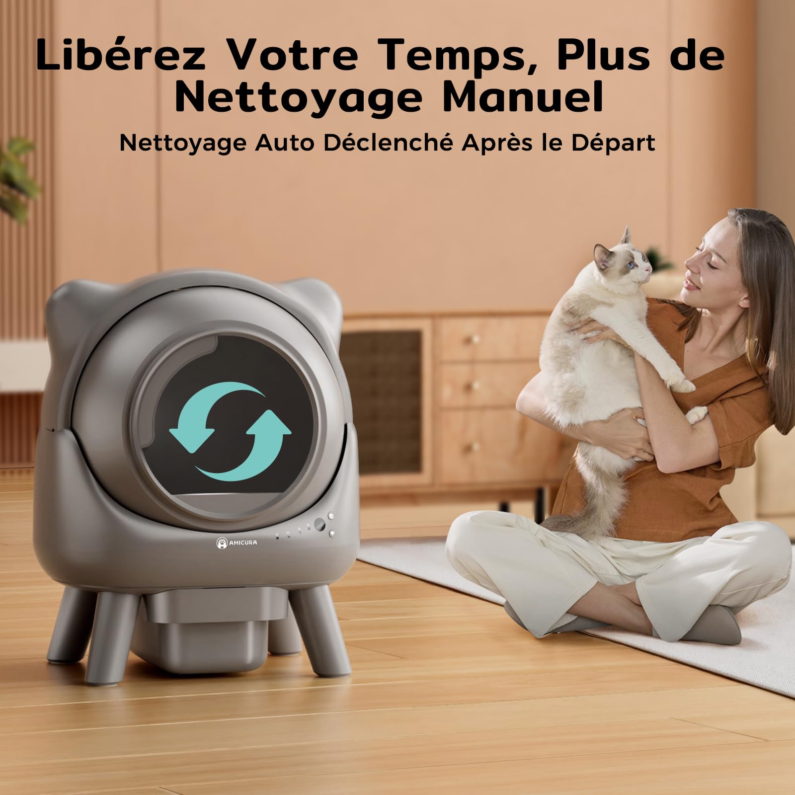 Amicura Cura X1 Litière Chat Autonettoyant avec Contrôle par Application,Capteur de Sécurité (Anti-Pinch), Anti-odeurs, Bac à Litière Autonettoyant, L