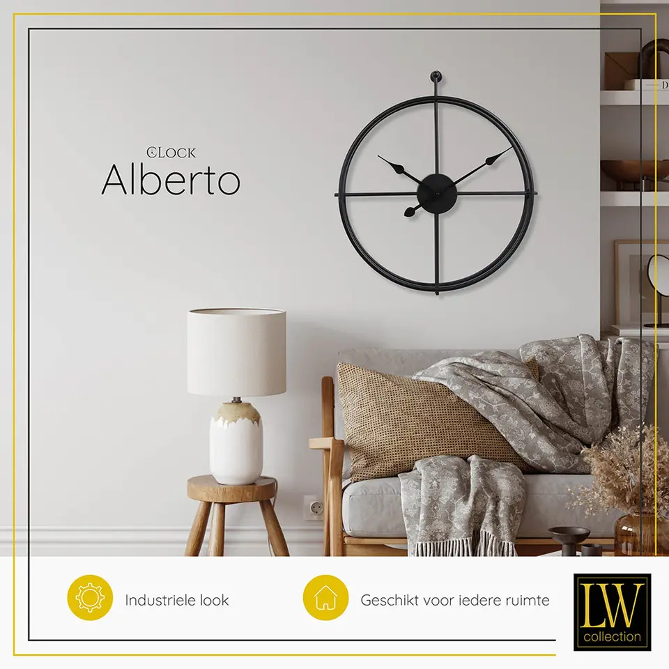 LW Collection Wandklok Alberto zwart 62cm