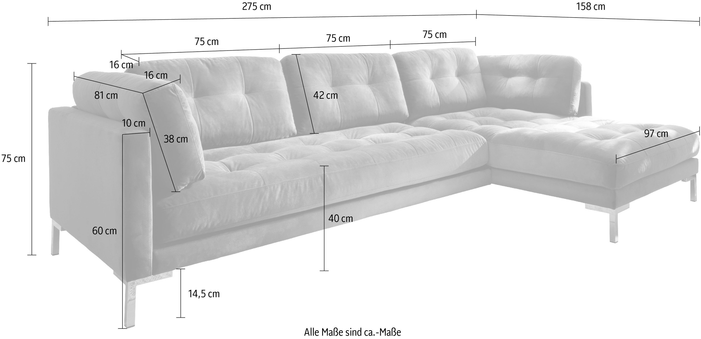 Trends by HG Ecksofa »Landau L-Form« in Cord-Stoff mit Metallfuss