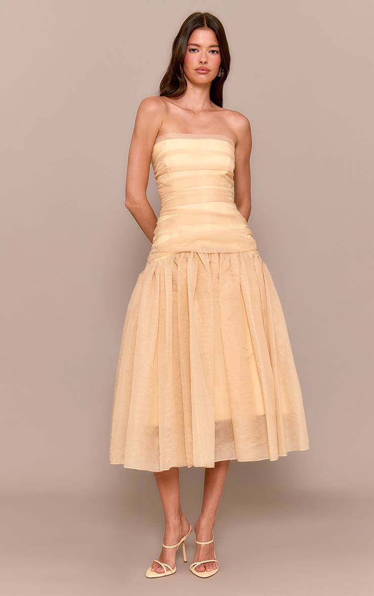 Jaune Robe Midi En Organza À Corsage Froncé