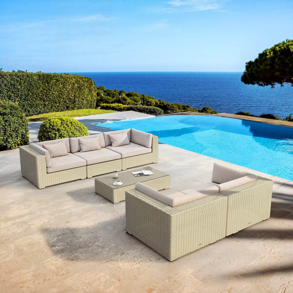 Salon de jardin en résine tressée 5 places 6 pcs Palma Gris et taupe