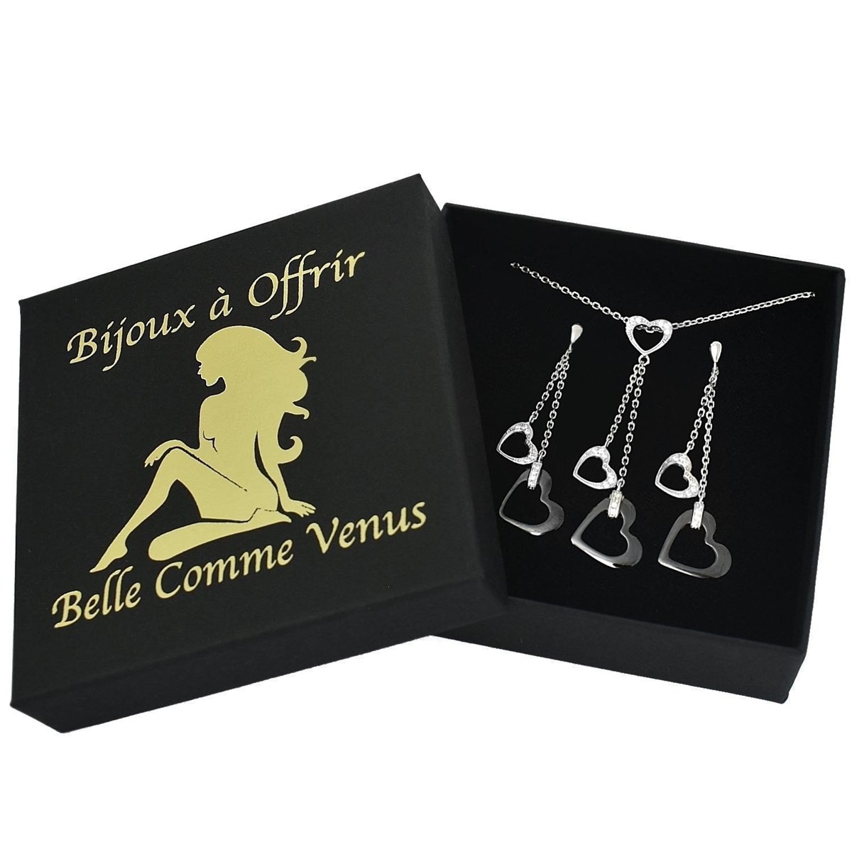 Parure coeurs oxyde de zirconium et céramique noire Argent 925 Rhodié
