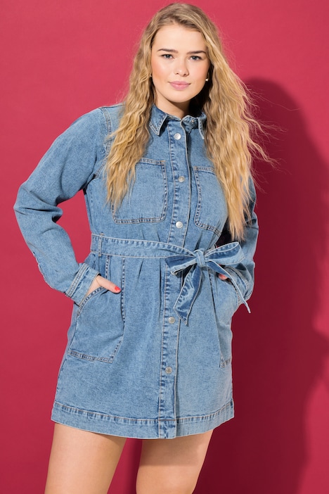 Jeanskleid, Straight Shape, Hemdkragen, Bindeband, Langarm