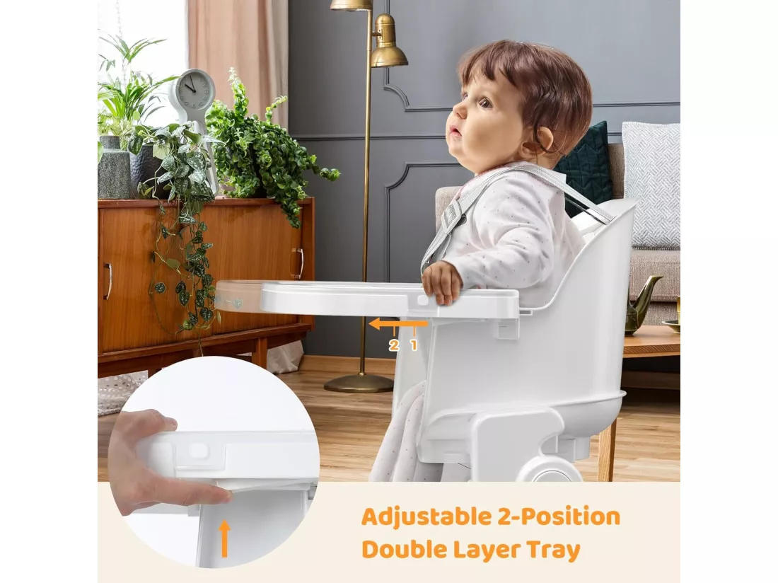Chaise Haute Bébé Pliable,Chaise Enfant 4 en 1,Pieds En Bois,Siège d’Appoint Tabouret de Bar Fonction,à partir de 6 mois,Blanc