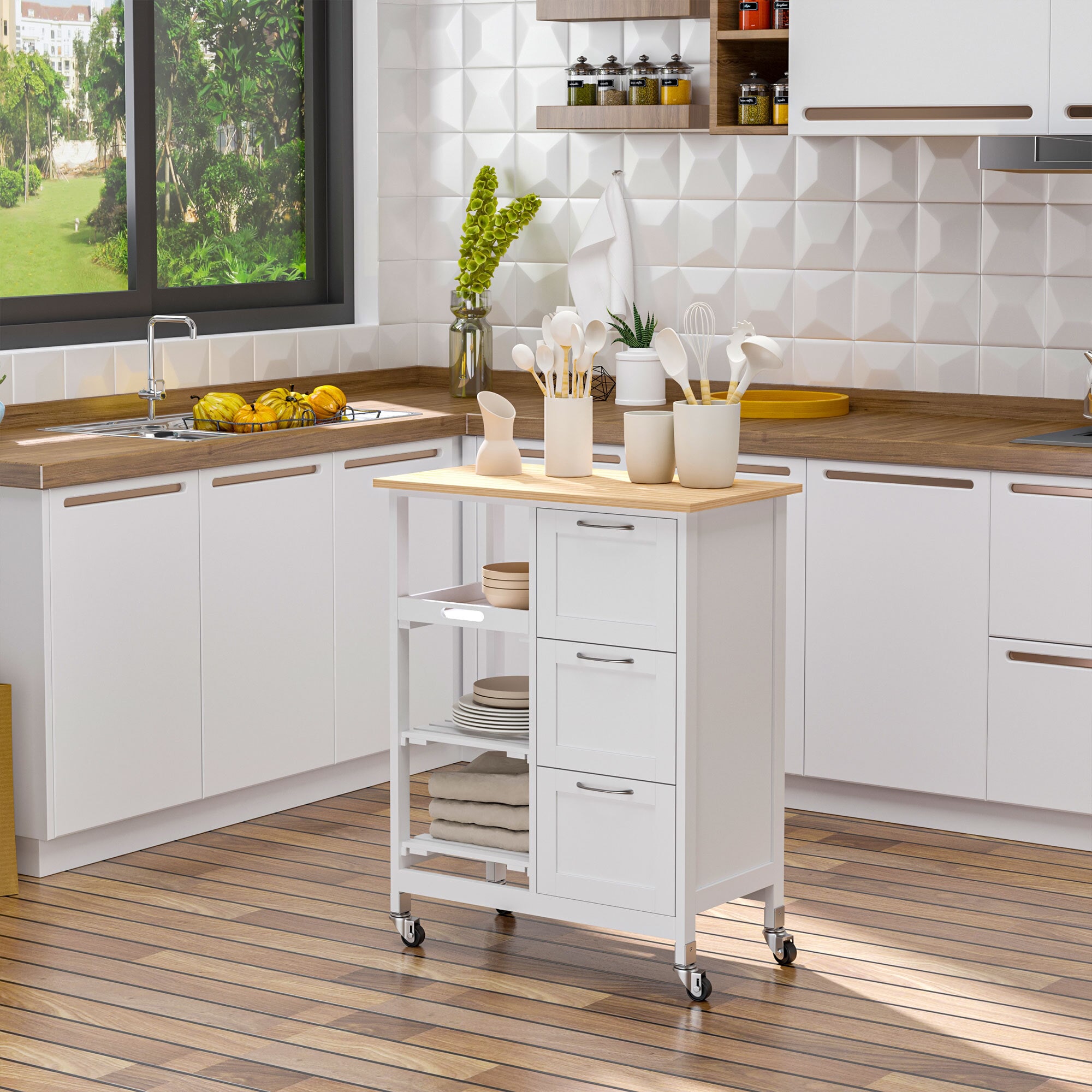 HOMCOM Küchenwagen mit drei großen Schubladen und 3 Ablagefächern natur, weiß 67L x 37B x 84H cm