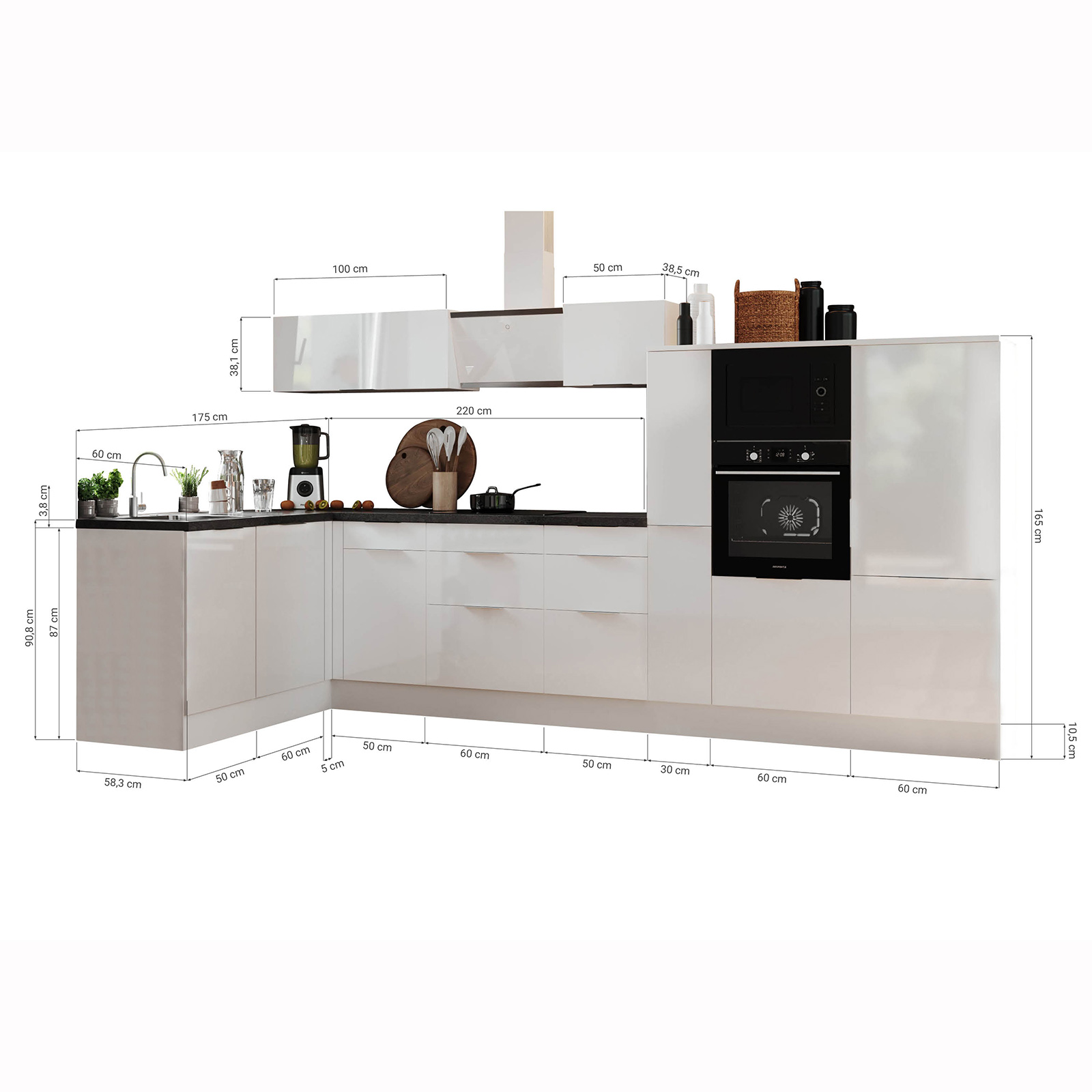 RESPEKTA Winkelküche - Artisan Eiche - mit E-Geräten - 370 cm