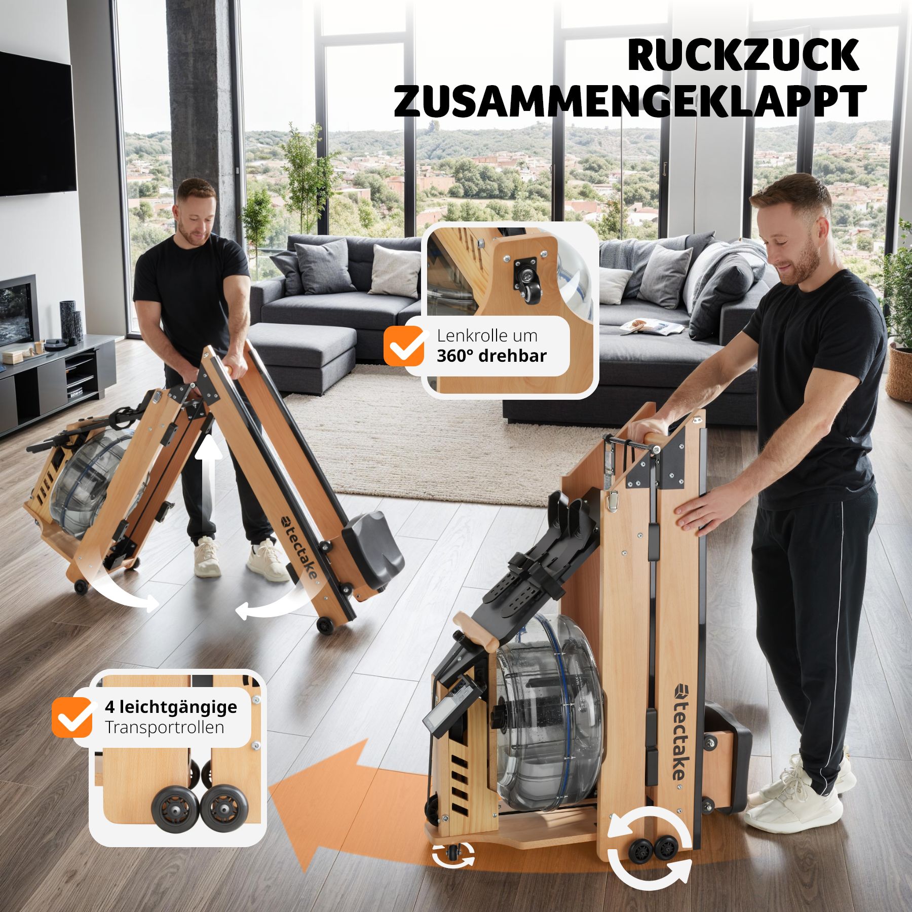 tectake® Holzrudergerät, aus massiver Buche, klappbar, Belastbarkeit 150 kg, inkl. Tablethalterung sowie Trainingscomputer mit Bluetooth und Brustgurt