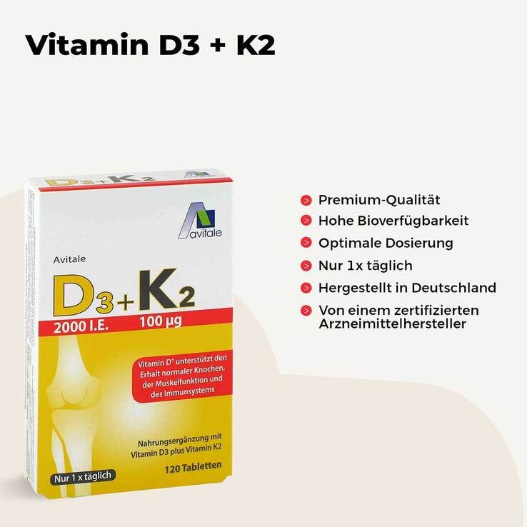 Vitamin D3 + K2 2000 I.E. Tabletten, 120 St