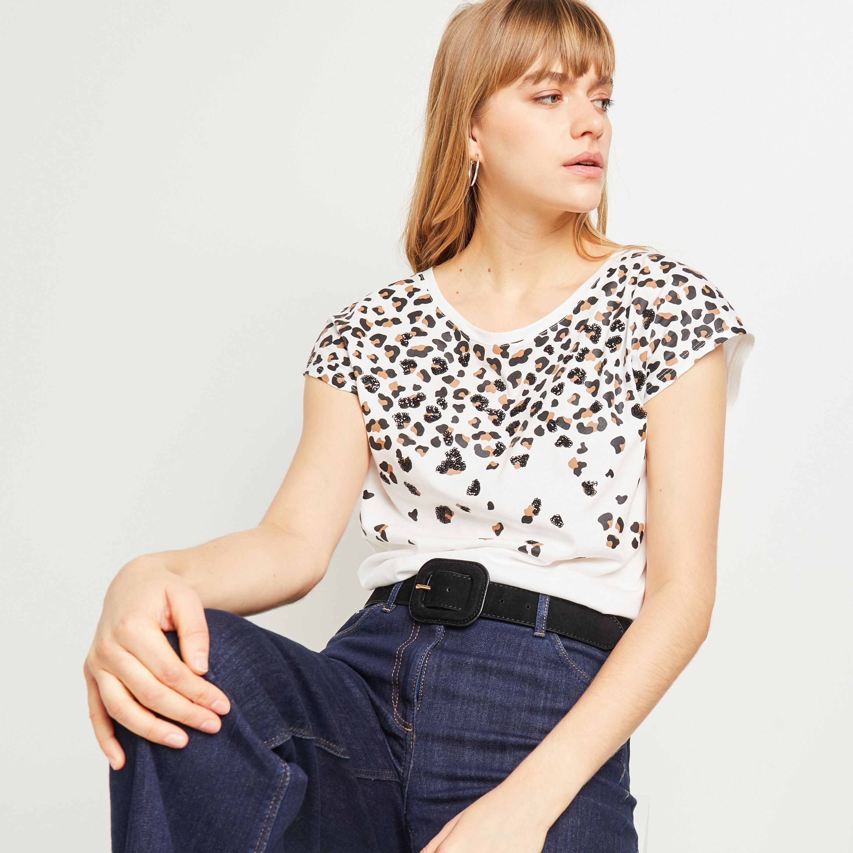 T-Shirt motif léopard femme - BLANC CASSE