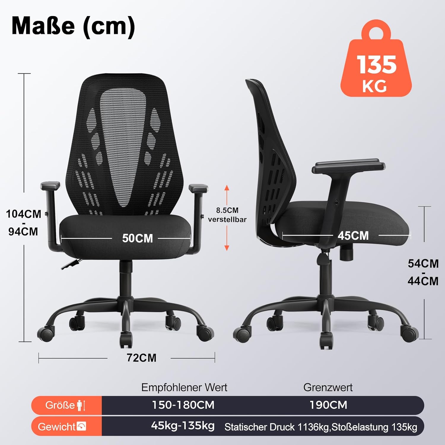 COMHOMA Ergonomischer Bürostuhl Schreibtischstuhl mit Verstellbaren Armlehnen, Gamingstuhl atmungsaktives Mesh, V-förmige Rückenlehne, Wippfunktion, Hochdichter Schaumstoffsitz, Schwarz