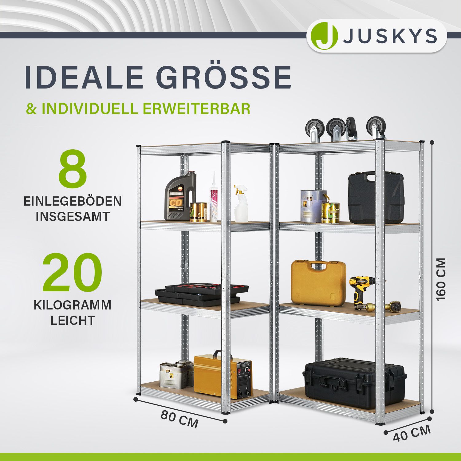 Juskys Lagerregal Easy 2er Set – Metall Schwerlastregal 160x80x40 cm, 8 Böden, 640 kg, verzinkt