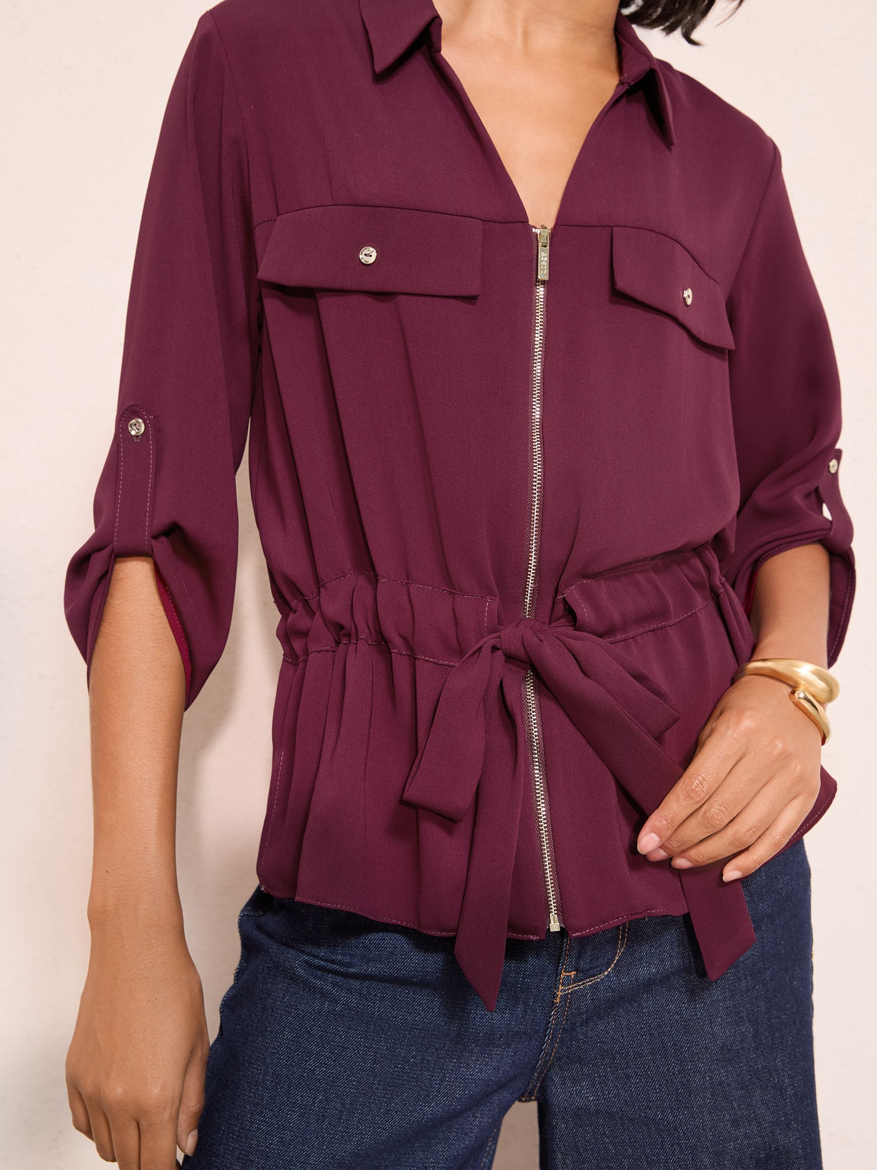 Bordeauxrood - Friends Like These Utility Style Tie Waist Shirt