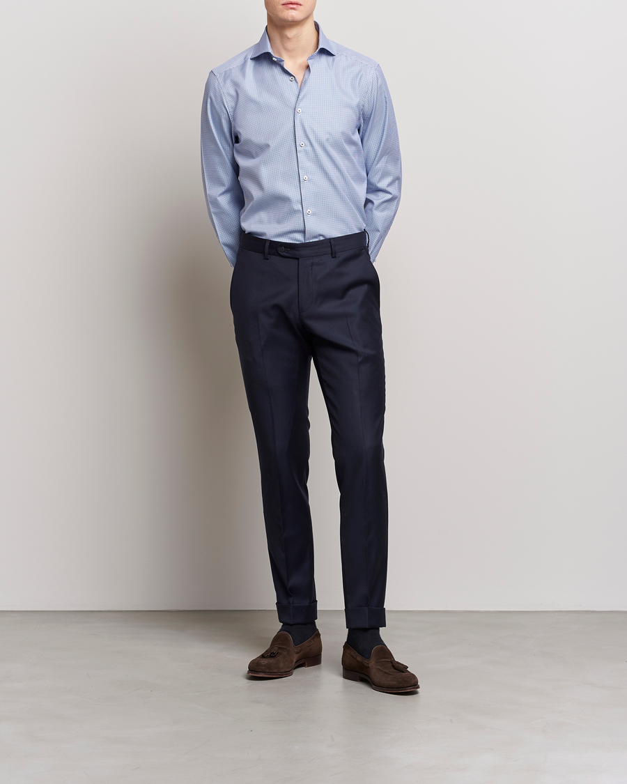 Stenströms Slimline Small Check Cut Away Shirt Blue