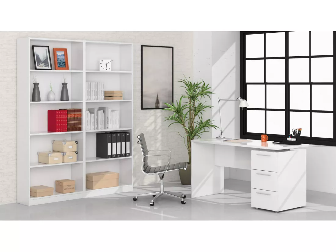 Bureau Dbuttar, Bureau moderne, Table d'étude avec commode avec 2 tiroirs et 1 porte, 138x60h74 cm, Blanc