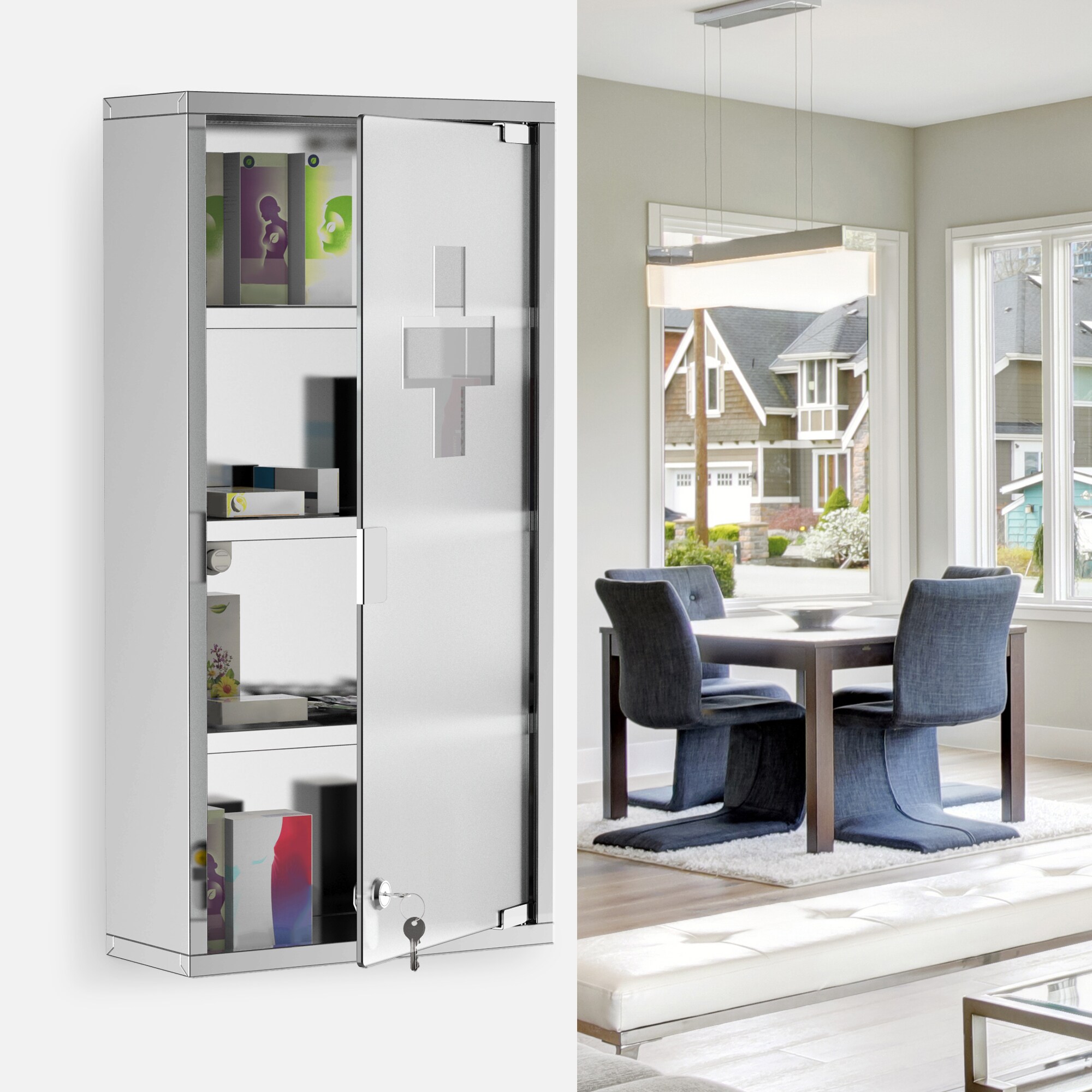 HOMCOM Medizinschrank mit 4 Fachböden silber 30 x 12 x 60 cm (LxBxH)