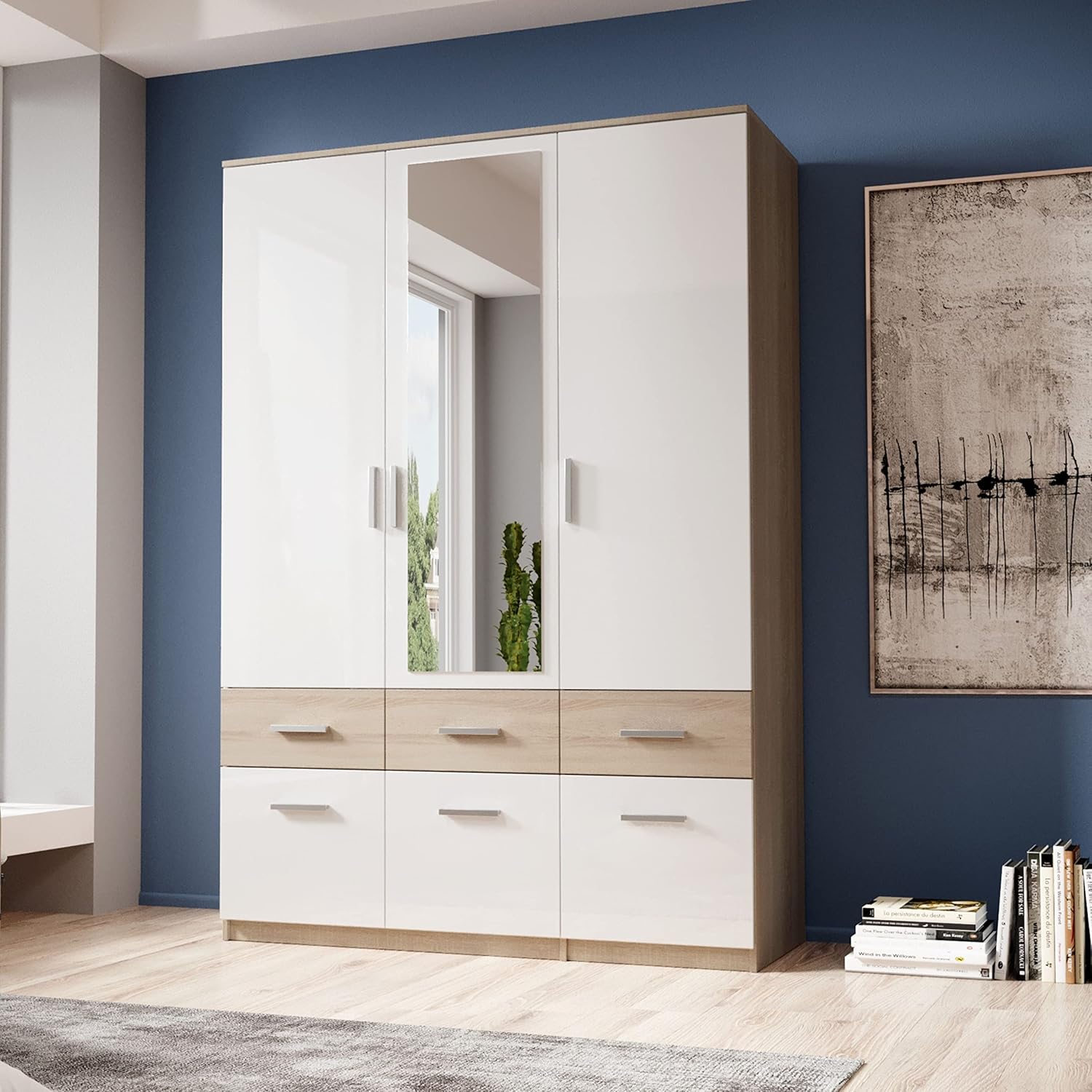 Stella Trading BOX Eleganter Kleiderschrank mit Spiegel & Schubladen - Geräumiger Drehtürenschrank in Sonoma Eiche Optik, Weiß - 135 x 198 x 55 cm (B/H/T)