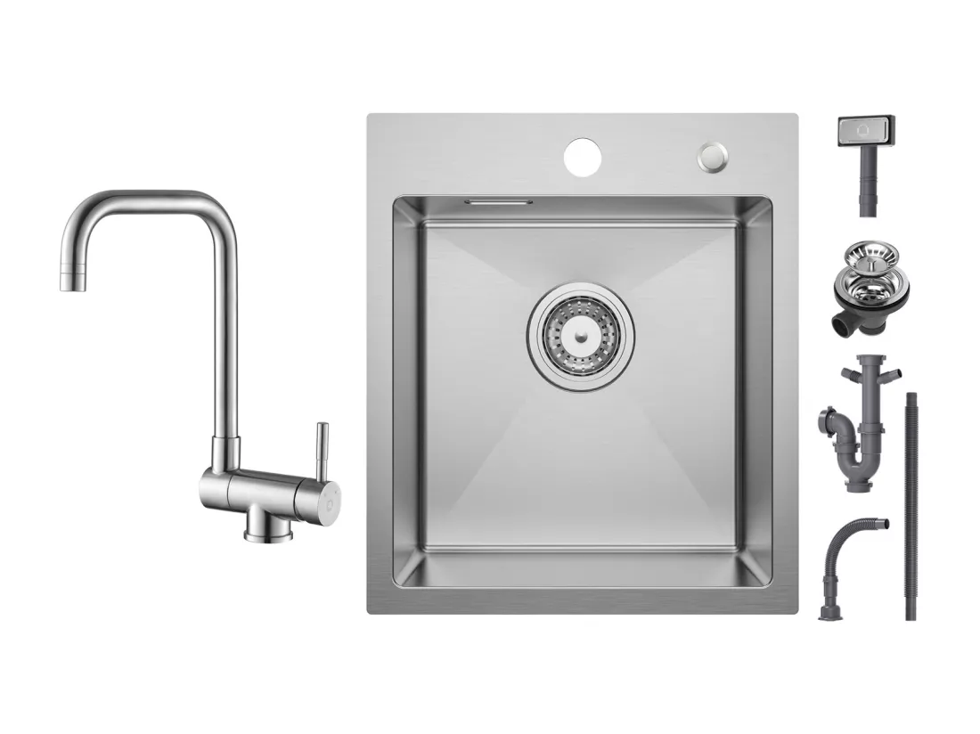 Cecipa max Évier 1 Bac 40 × 45 cm Évier Inox Brossé 1 Cuve + Robinet Cuisine Rabattable Mitigeur de Evier Repliable en Inox devant Fenêtre Brossé