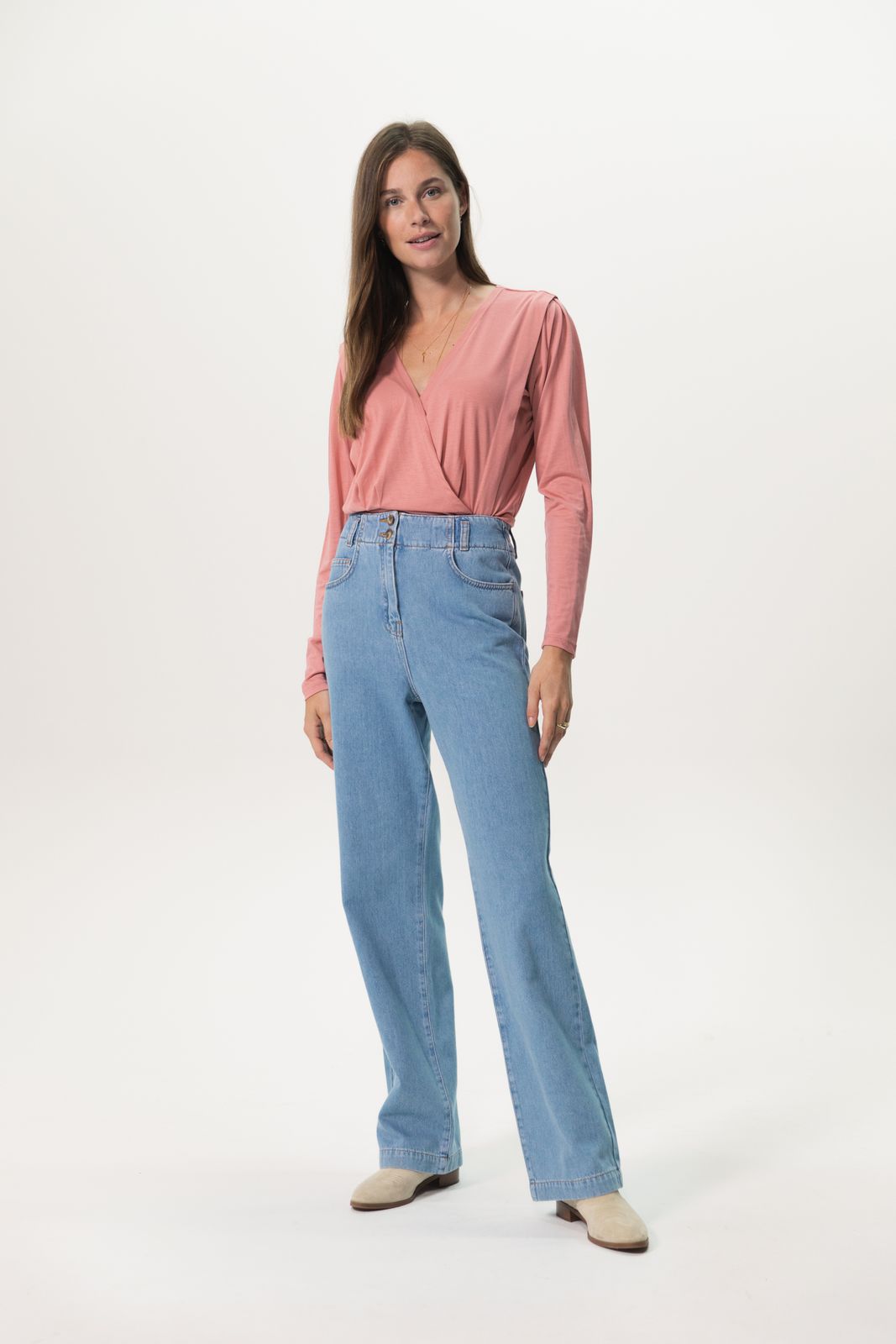 Lichtblauwe high waist wide leg jeans met elastische taille