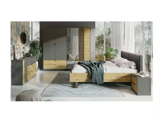 Chambre compléte design IZO : Armoire, lit 160x200, commode, chevets, chêne/gris anthracite