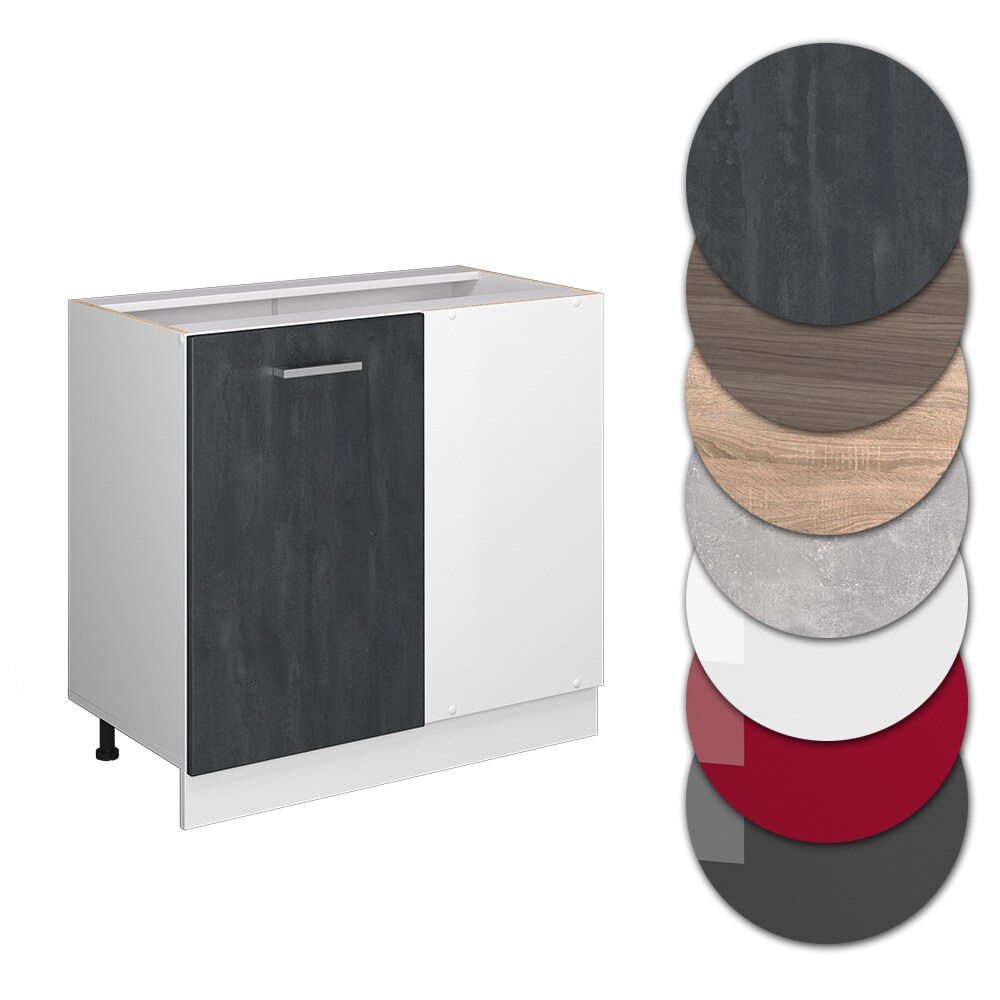 Vicco Eckunterschrank R-Line Schwarz Beton Weiß 86 cm mit Arbeitsplatte Weiß-Marmor