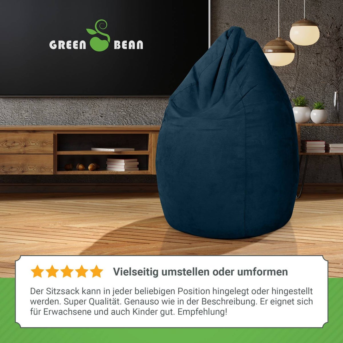 Green Bean Zitzak met rugleuning 60x60x90cm - Binnenzitkussen 220L vulling, comfortabel, wasbaar - Zitzak vloerkussen, loungestoel, voetenbank - donkerblauw