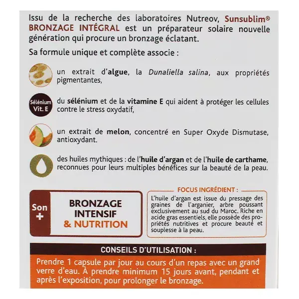 Protetor solar Nutreov Physcience Sunsublim para bronzeamento total, 90 cápsulas.