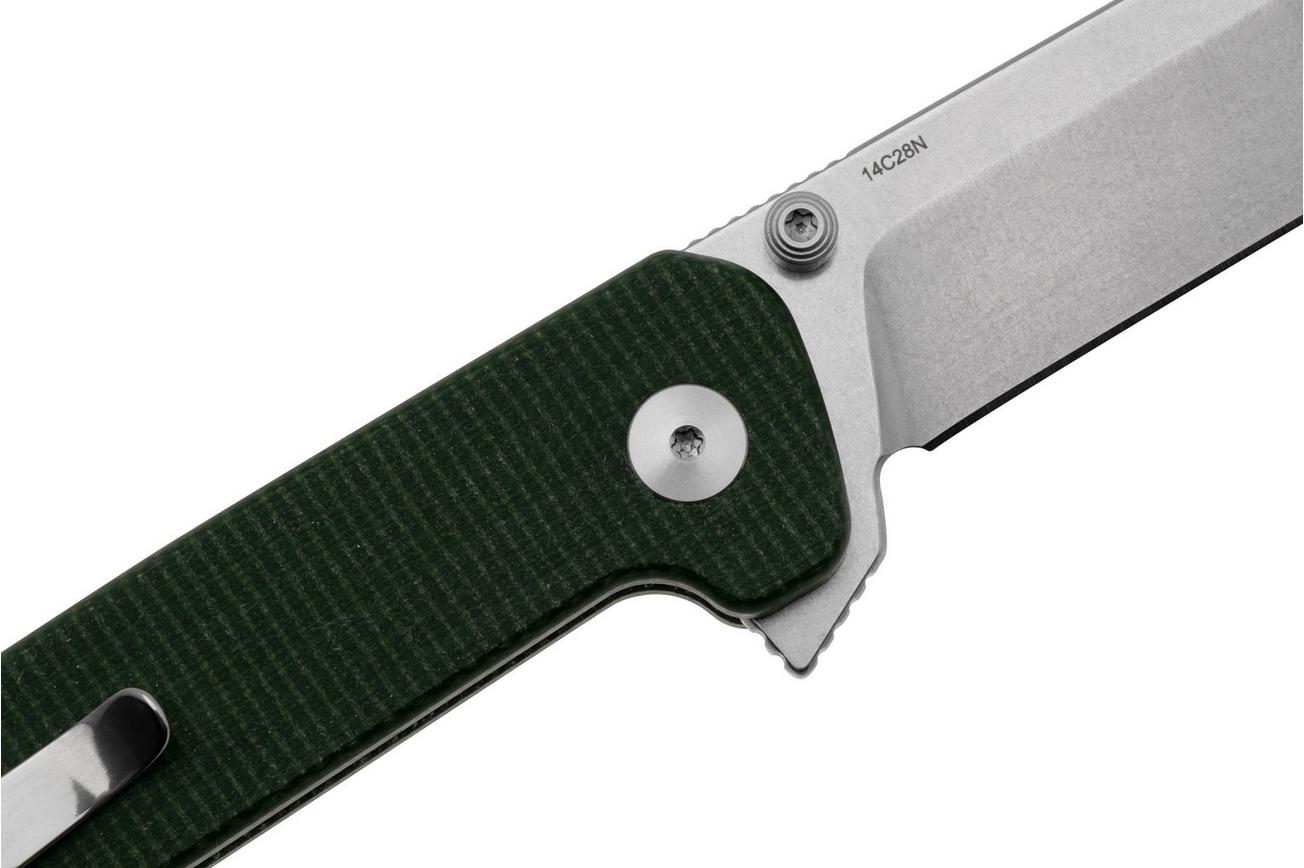 QSP Knife Penguin Button Lock QS130BL-C1 Satin, Green Micarta, zakmes