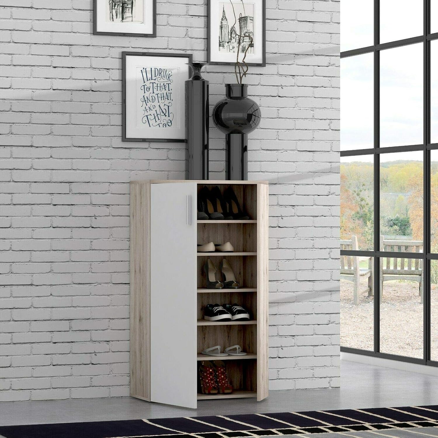 FORTE Boots Schuhschrank 70, Schuhschrank mit 2 Türen, Flurschrank, Aufbewahrungsschrank, Abstellraum, Holzwerkstoff, Sandeiche Holzdekor/Weiß, 70 cm breit x 120 cm hoch x 34 cm tief