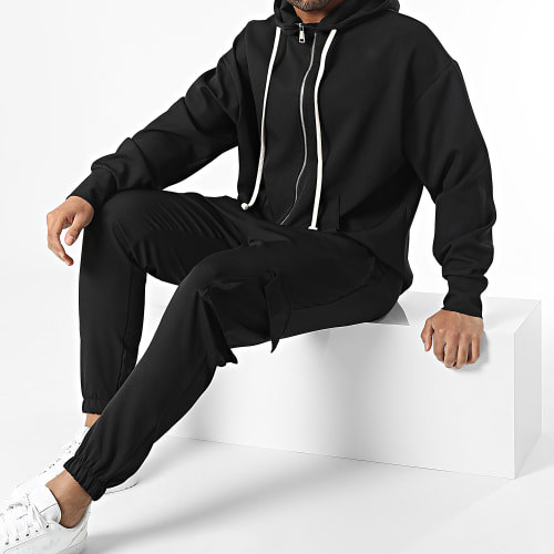 Ensemble De Survetement Sweat Zippé Capuche Et Pantalon Cargo Noir