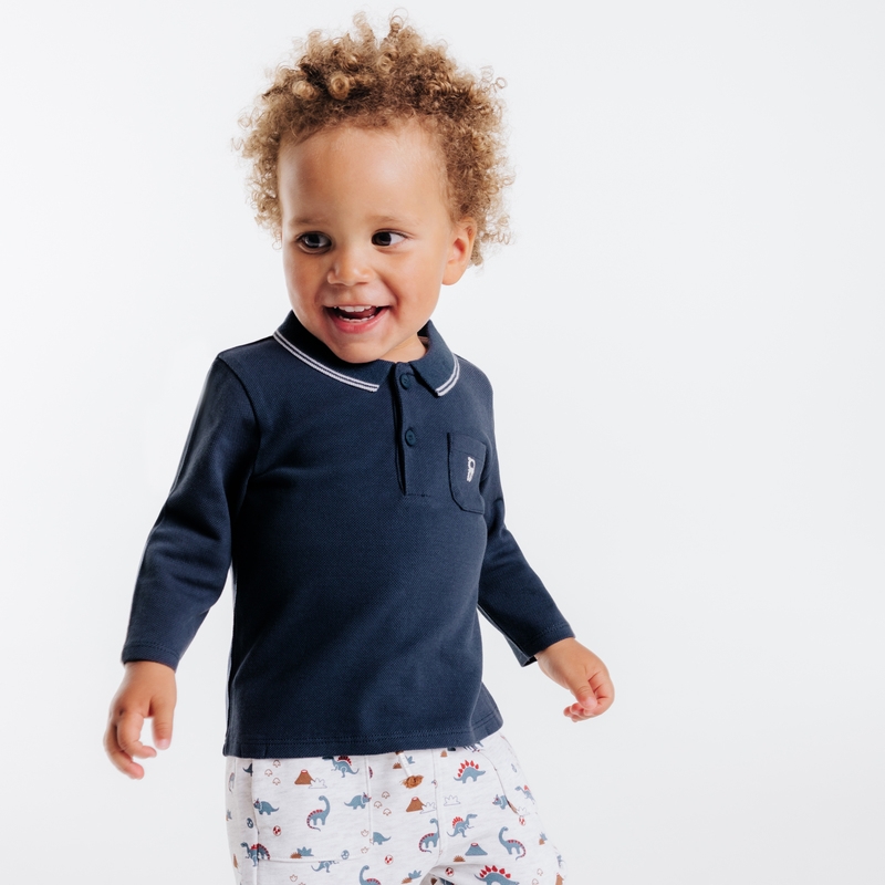 Polo piqué uni manches longues bleu bébé garçon