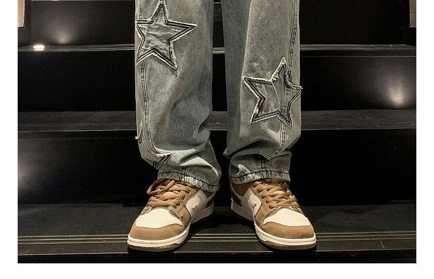 Bay Go Mall - High Waist Star Geborduurde Washed Wide Leg Jeans