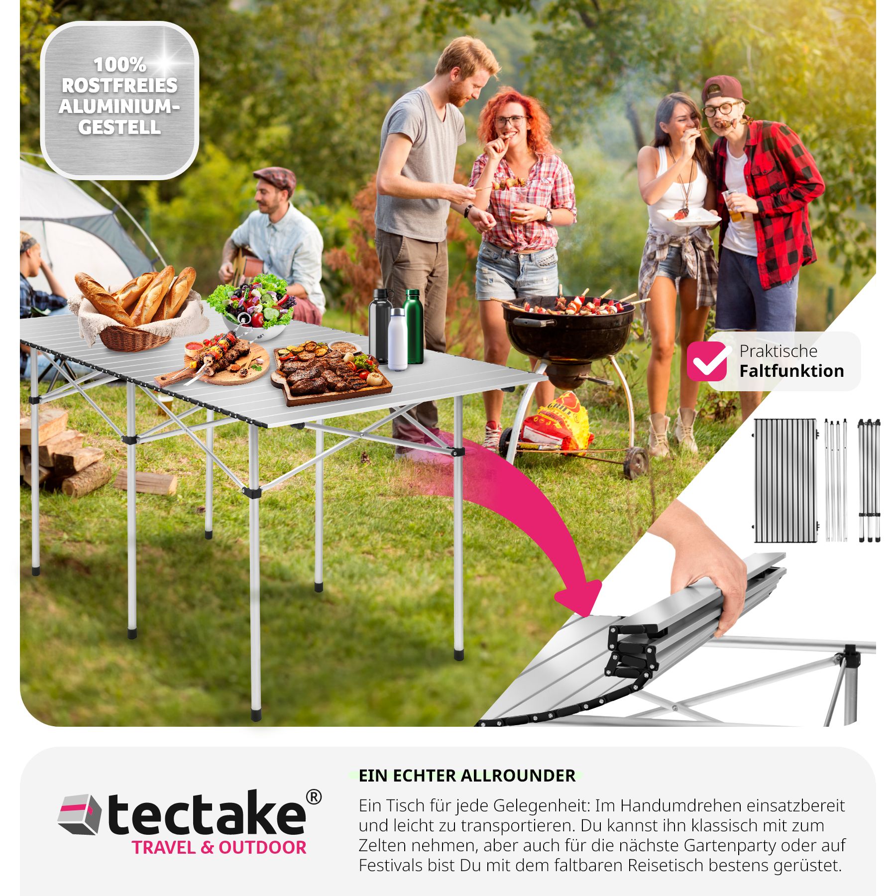tectake® Campingtisch, klappbar, wetterfest, 140 x 70 x 70 cm