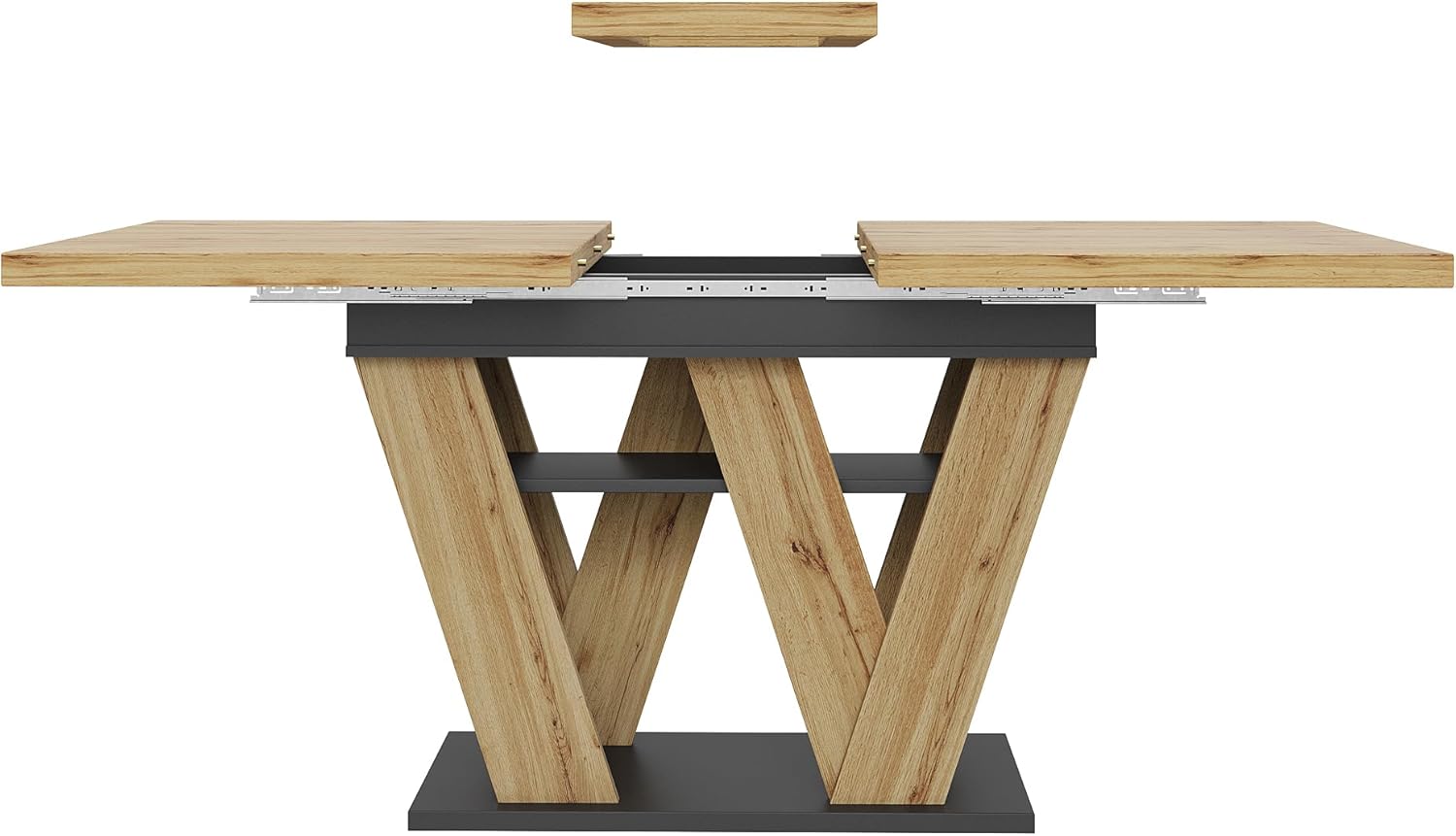 Esstisch Ausziehbar mit W-förmigen Beinen, Holz Tischplatte in Schwarz+Natur, 119-158.5x80 cm, Esszimmer Tisch Küchentisch mit Stauraumregal für 4-6 Personen, Esszimmertisch Rechteckige