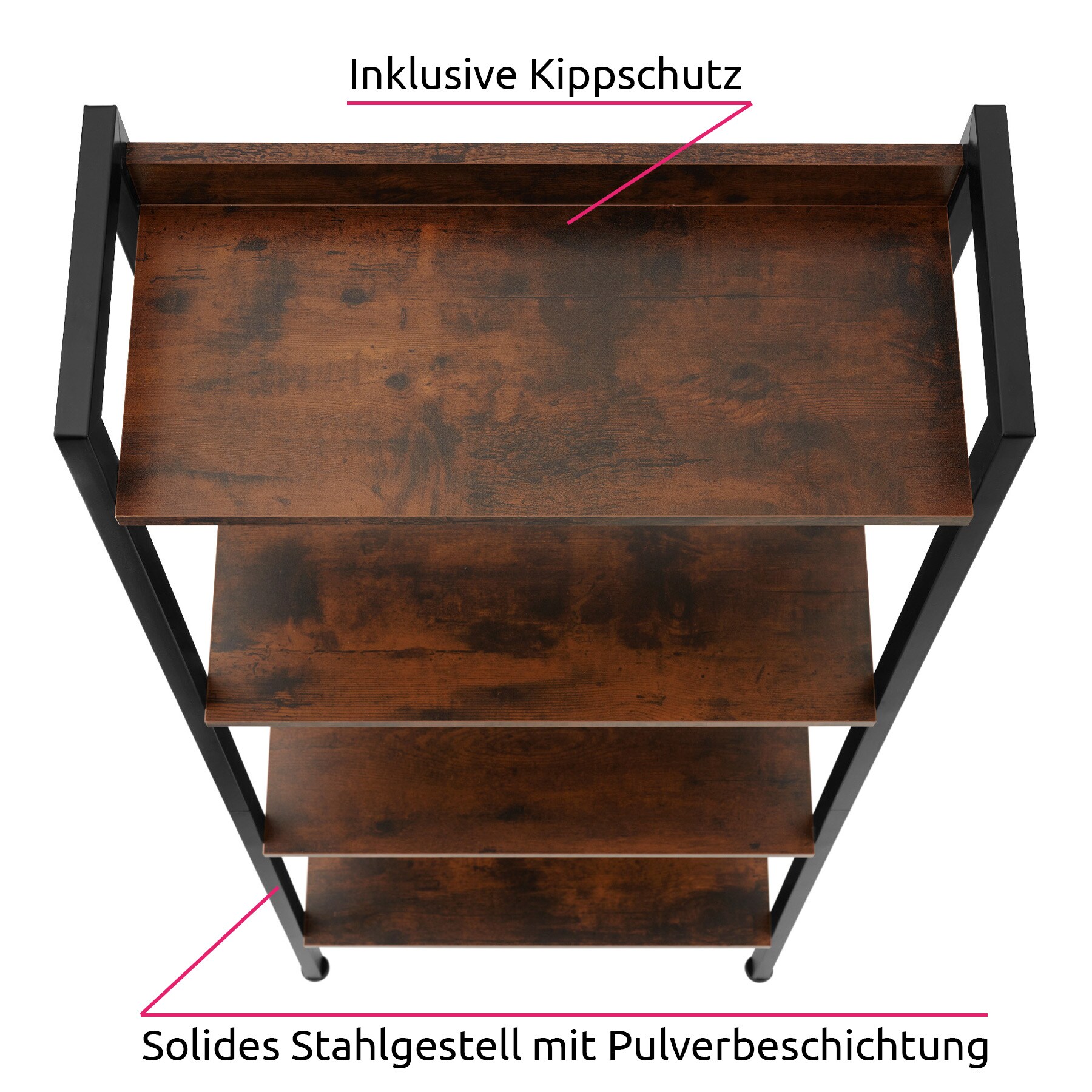 tectake® Leiterregal, Industrial Style, mit 4 offenen Fächern mit verstellbarem Einlegeboden, inklusive Kippschutz, 57,5 x 34 x 138 cm