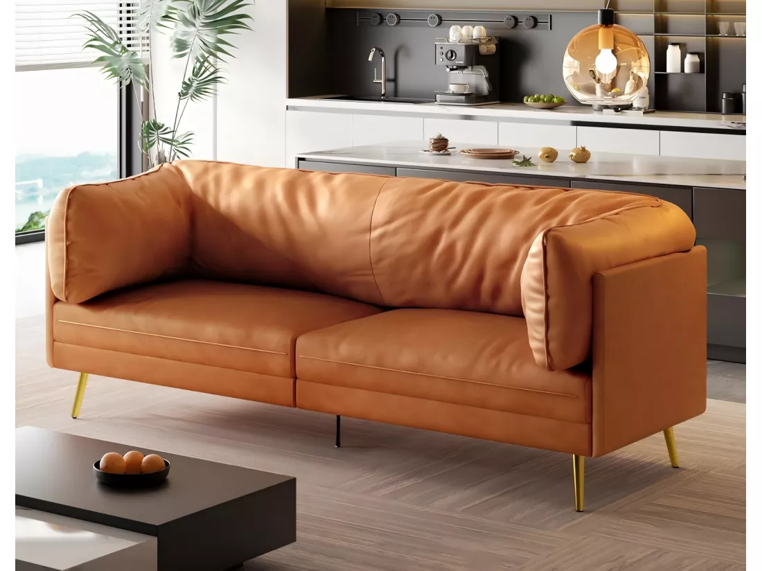 Canapé en simili orange, 2-3 places, avec 56cm coussins d'assise profonds et confortables, 185x76x90cm
